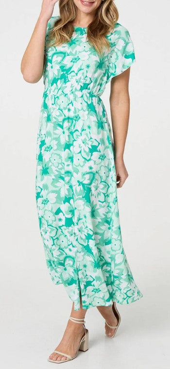 Green Floral Pattern Shirred Batwing Sleeve Maxi Dress