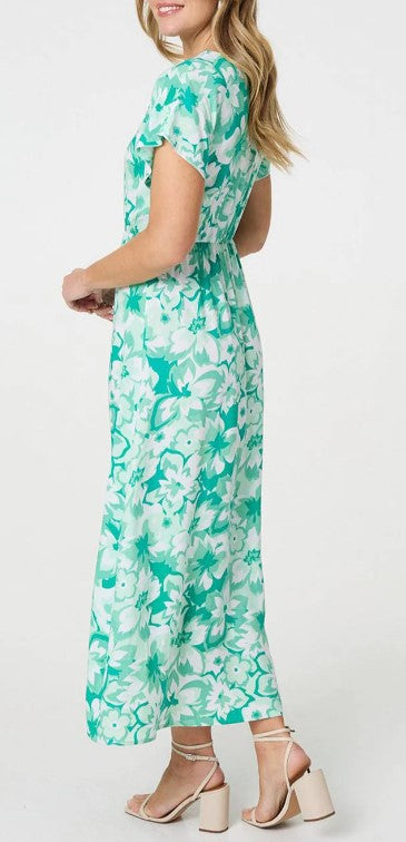 Green Floral Pattern Shirred Batwing Sleeve Maxi Dress
