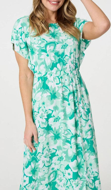 Green Floral Pattern Shirred Batwing Sleeve Maxi Dress