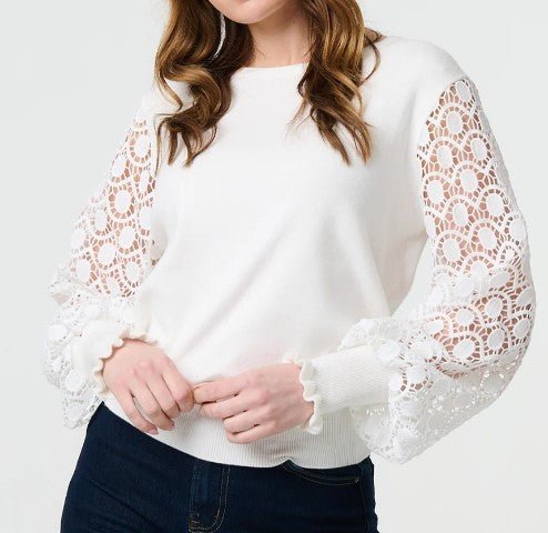 Lace Sleeve Fine Knit White Jumper