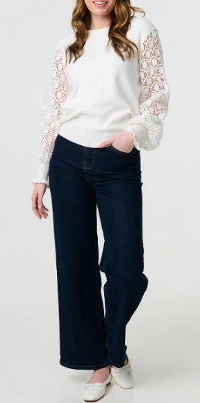 Lace Sleeve Fine Knit White Jumper