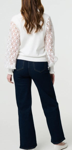 Lace Sleeve Fine Knit White Jumper