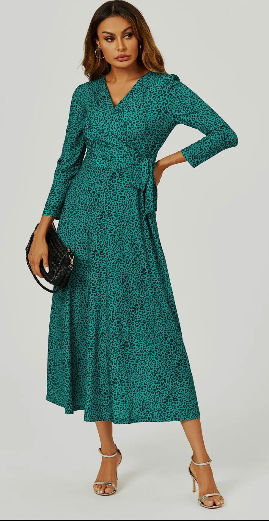 Green Leopard Print Wrap Top Midi-Maxi Dress