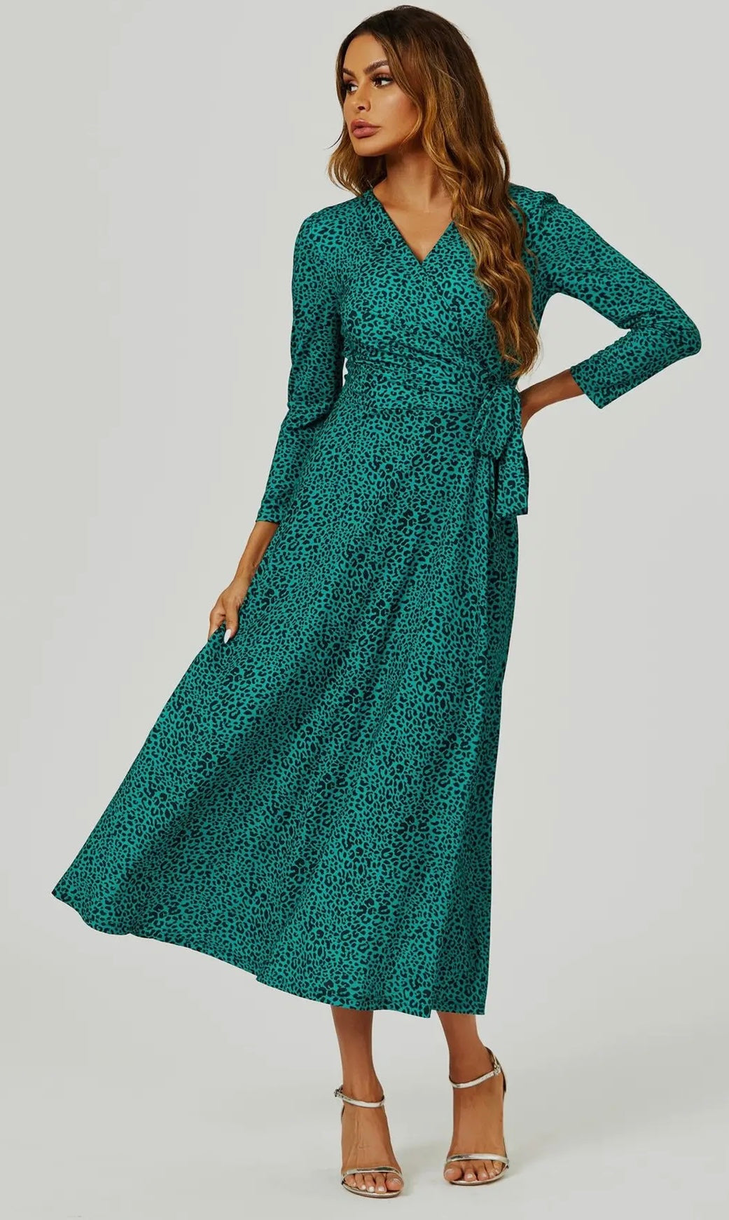 Green Leopard Print Wrap Top Midi-Maxi Dress