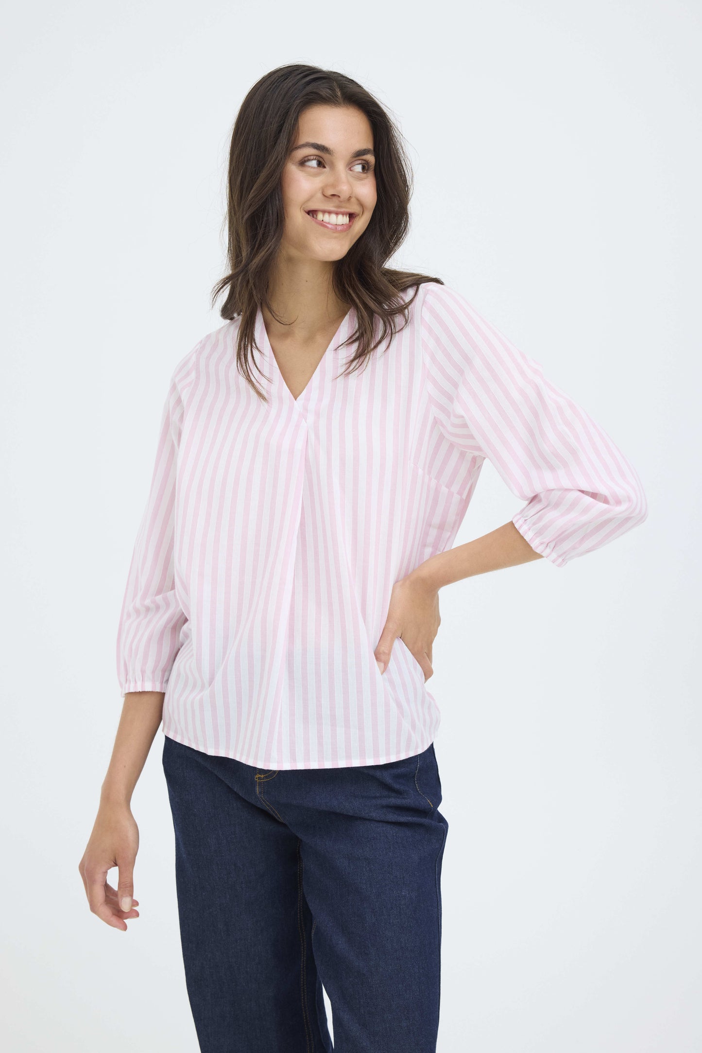Cantonia 3/4 Sleeve Blouse in Pink Stripe by Fransa
