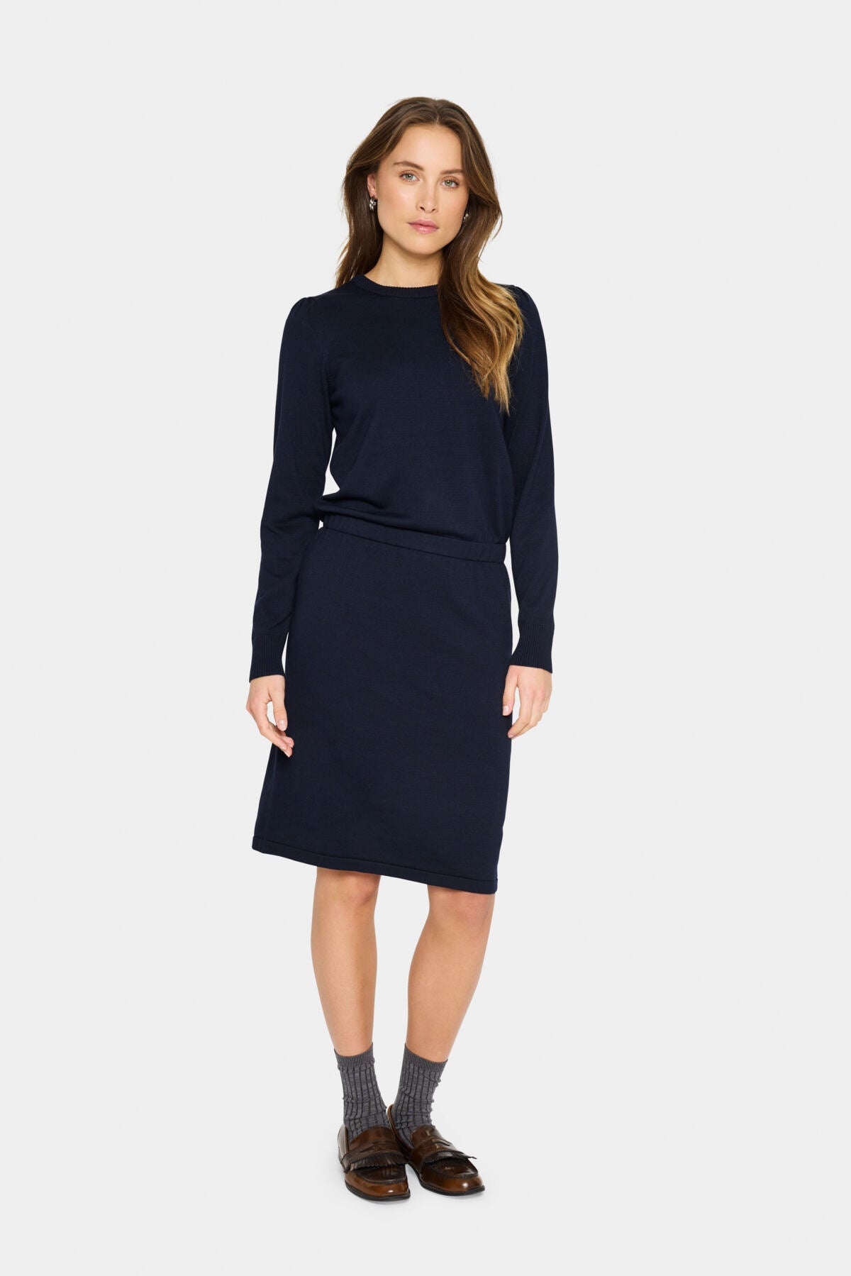 Mila Crew Neck Jumper Dress with Belt in Midnight Blue by Saint Tropez
