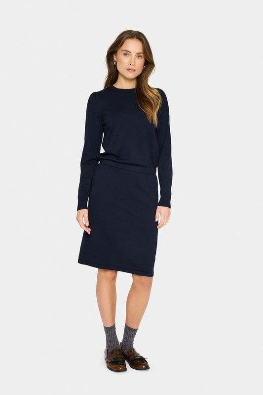 Mila Crew Neck Jumper Dress with Belt in Midnight Blue by Saint Tropez