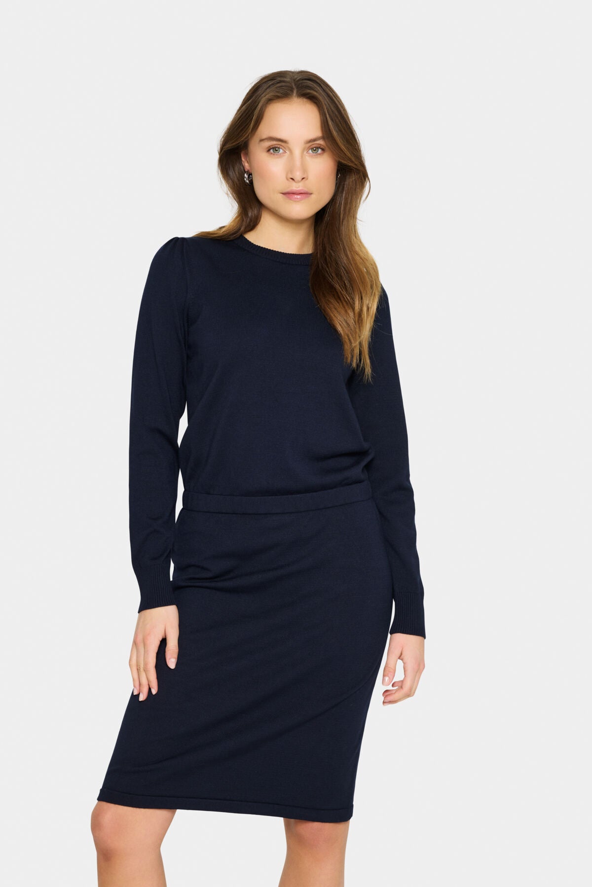 Mila Crew Neck Jumper Dress with Belt in Midnight Blue by Saint Tropez