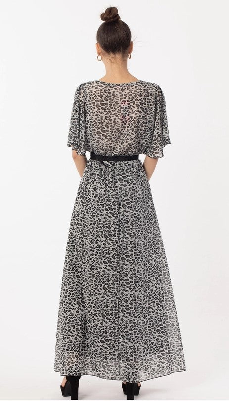 Grey & Black Print Chiffon Maxi Dress