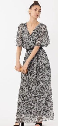 Grey & Black Print Chiffon Maxi Dress