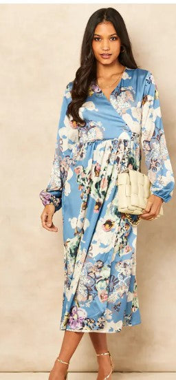 Floral Print Satin Wrap Dress