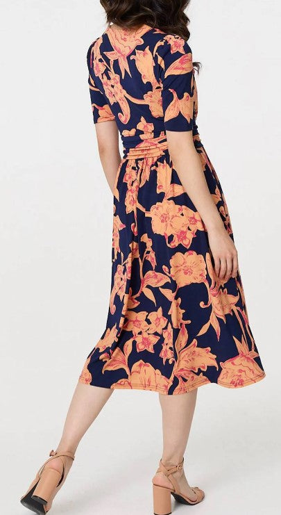 Navy Floral Cross Over Midi Dress