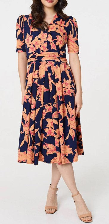 Navy Floral Cross Over Midi Dress