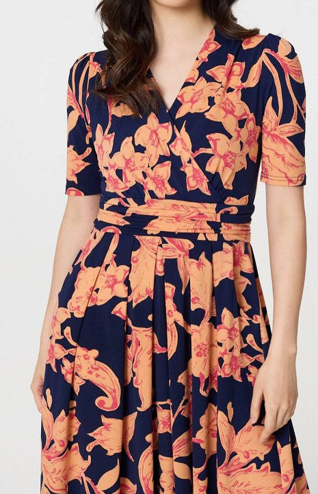 Navy Floral Cross Over Midi Dress