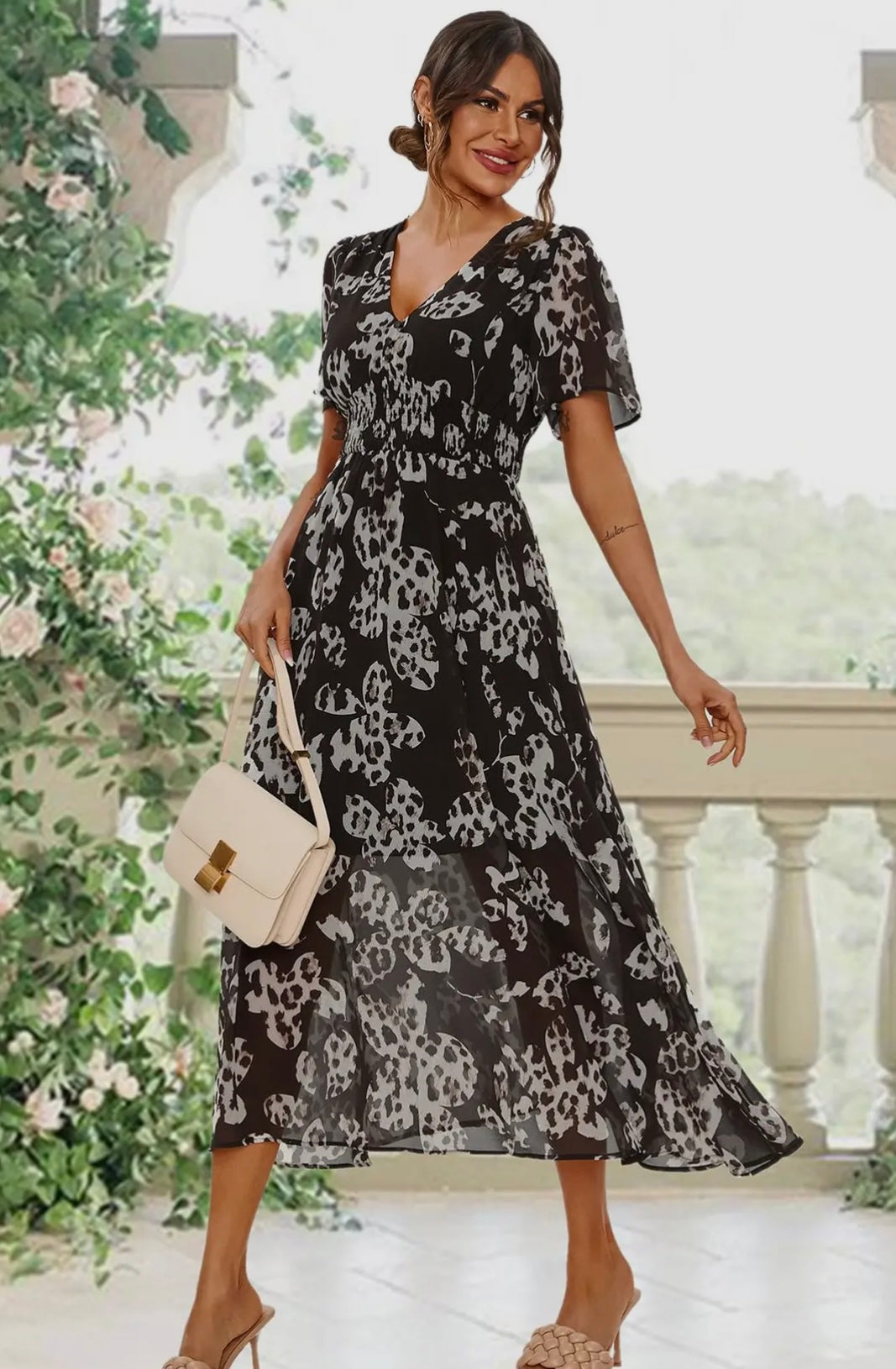 Leopard Floral Print Angel Sleeve Midi-Maxi Dress