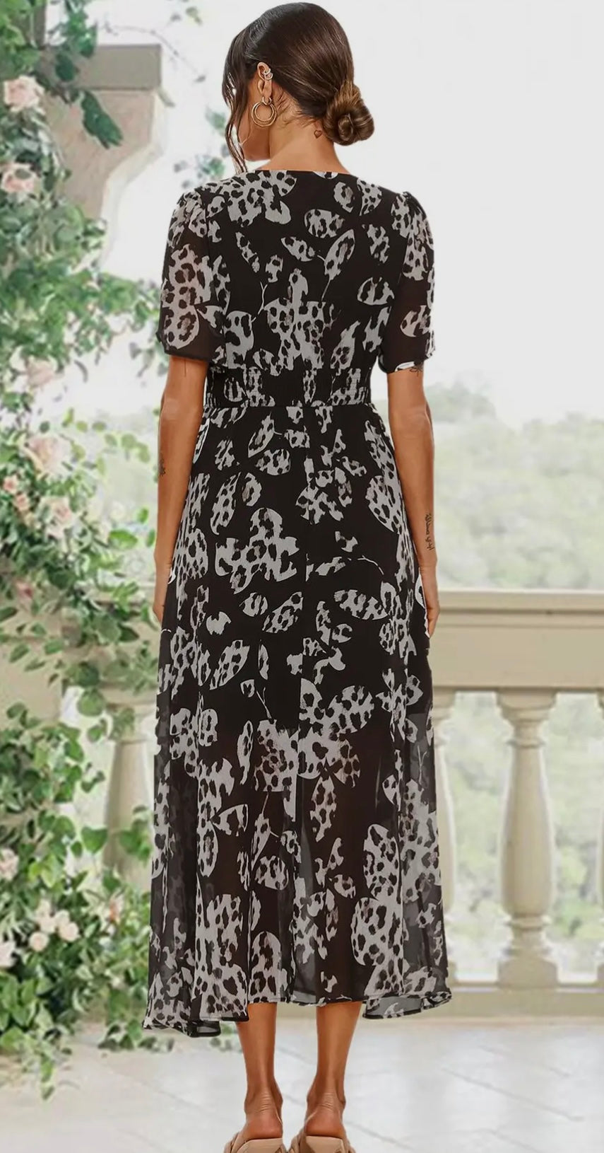 Leopard Floral Print Angel Sleeve Midi-Maxi Dress
