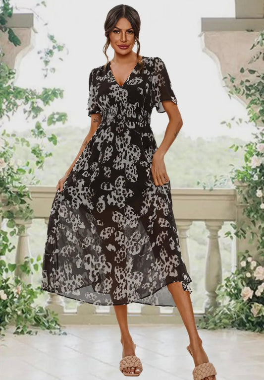 Leopard Floral Print Angel Sleeve Midi-Maxi Dress
