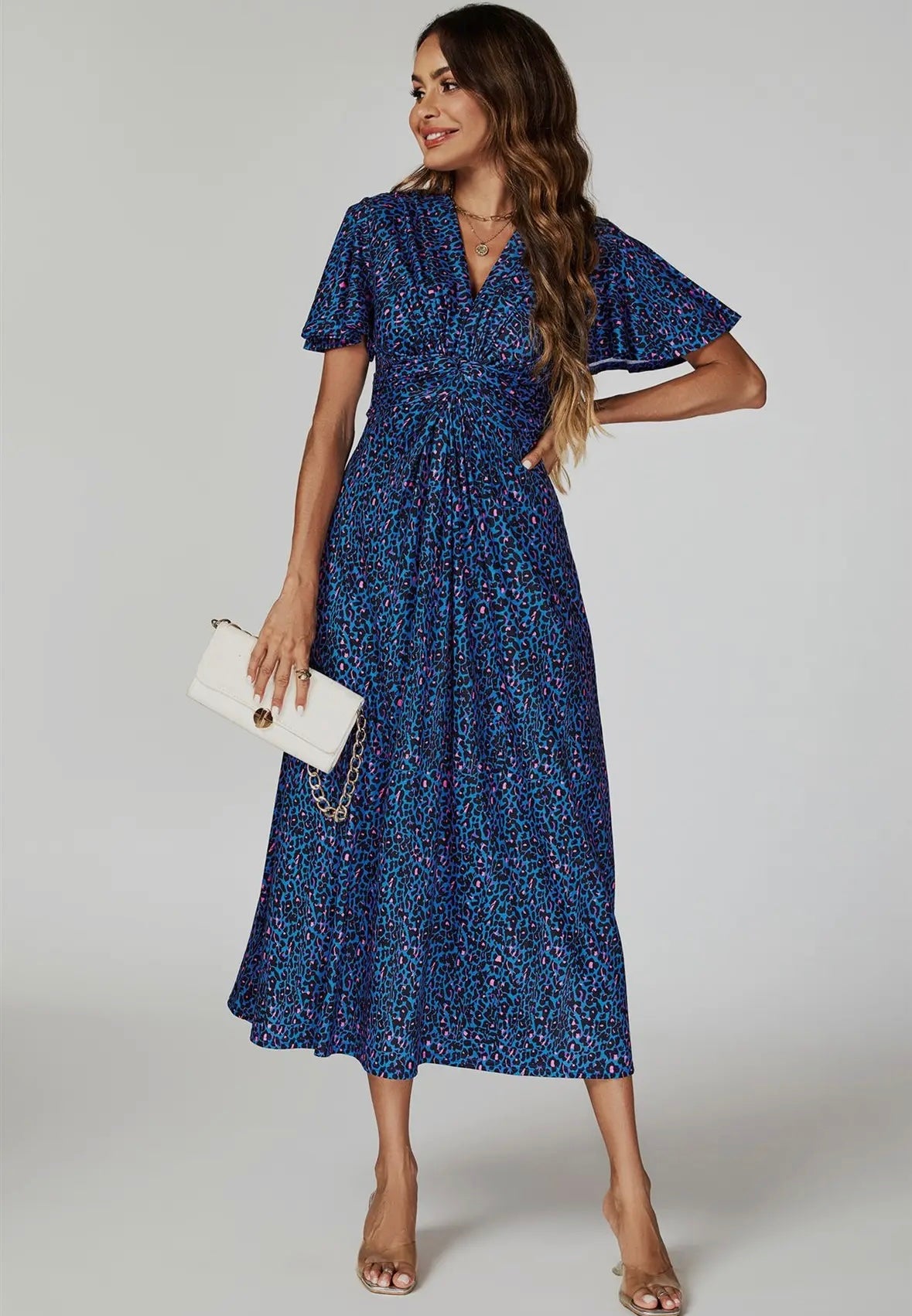Animal Print Angel Sleeve Twist Maxi Dress in Blue