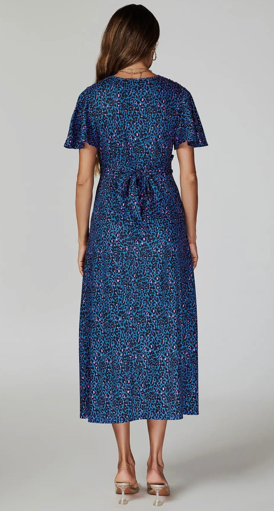 Animal Print Angel Sleeve Twist Maxi Dress in Blue