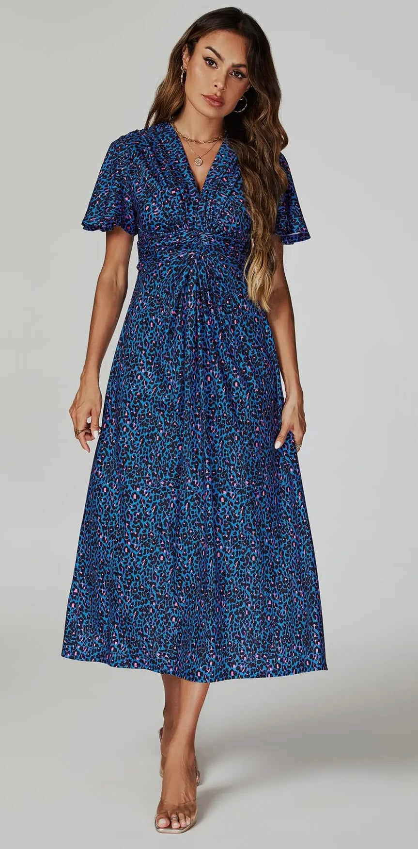 Animal Print Angel Sleeve Twist Maxi Dress in Blue
