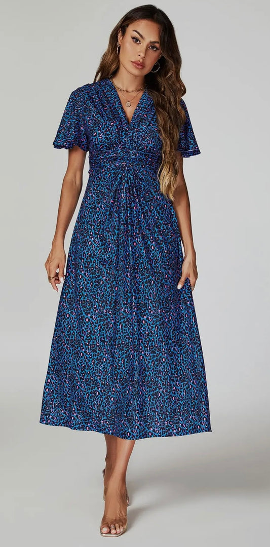 Animal Print Angel Sleeve Twist Maxi Dress in Blue