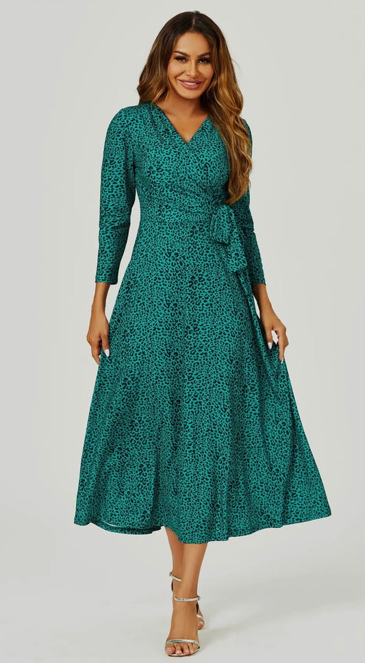 Green Leopard Print Wrap Top Midi-Maxi Dress